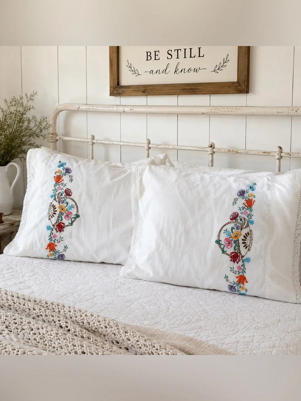 Vintage Embroidered Floral Pillowcases Set of 2 Crochet Lace Cottagecore